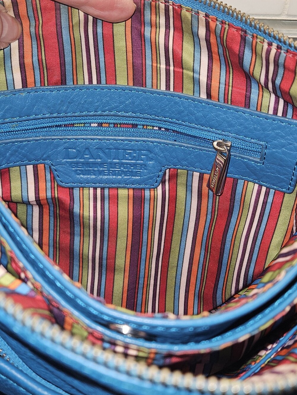 Danier Blue Leather Crossbody with Yellow Trim